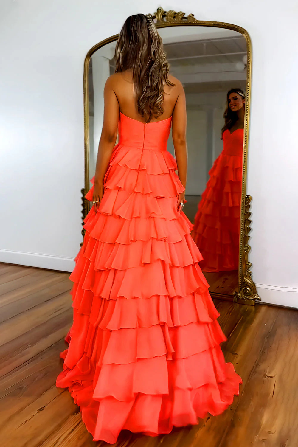 Coral A Line Prom Dress With Sweetheart Neckline Zipper Back And Ruffle Chiffon Skirt AD333
