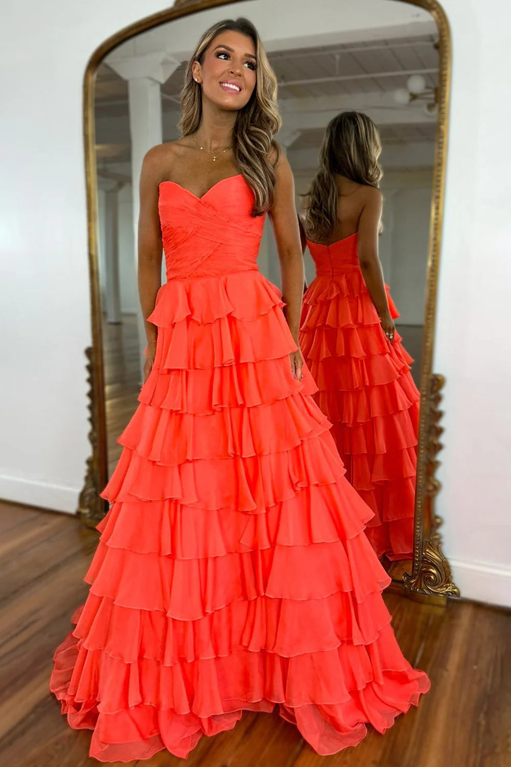 Coral A Line Prom Dress With Sweetheart Neckline Zipper Back And Ruffle Chiffon Skirt AD333