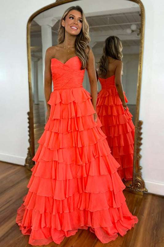Coral A Line Prom Dress With Sweetheart Neckline Zipper Back And Ruffle Chiffon Skirt AD333