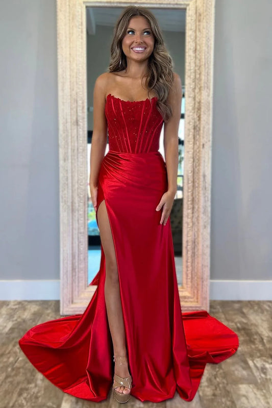 Stunning Strapless Red Satin Prom Dress With Glitter Bodice And Side Slit AD335