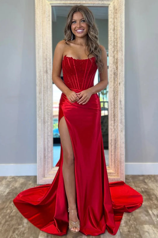 Stunning Strapless Red Satin Prom Dress With Glitter Bodice And Side Slit AD335