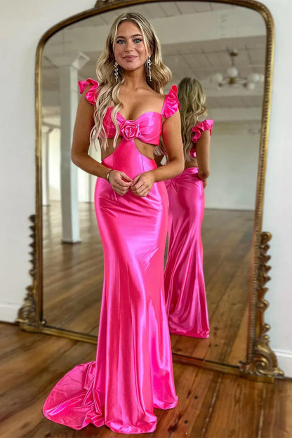 Cute Stylish Mermaid Satin Prom Dress With Waist Hollow Design Long Silhouette And Floral Accent AD337