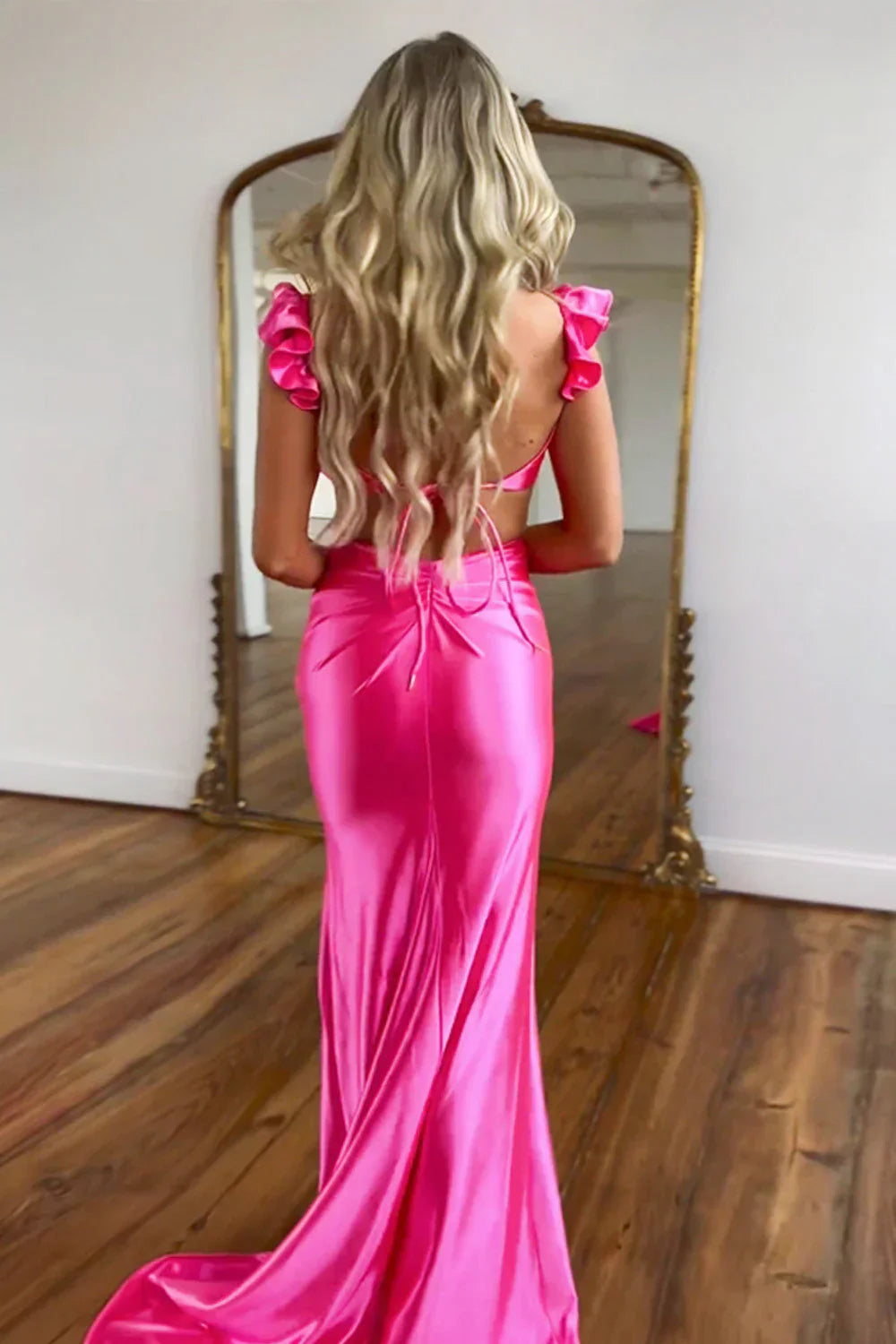 Cute Stylish Mermaid Satin Prom Dress With Waist Hollow Design Long Silhouette And Floral Accent AD337