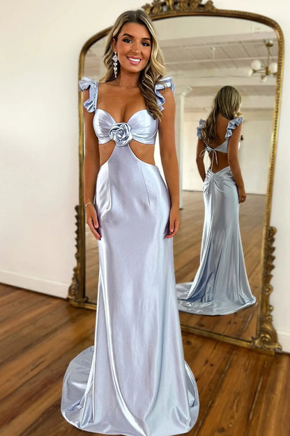 Cute Stylish Mermaid Satin Prom Dress With Waist Hollow Design Long Silhouette And Floral Accent AD337