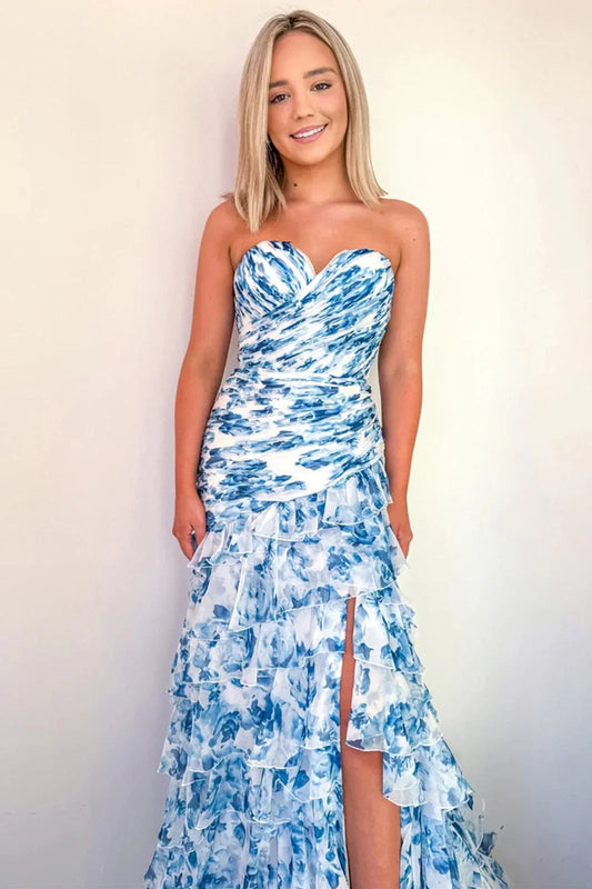Chic Mermaid Sweetheart Pink Floral Printed Long Prom Dress With Ruffles AD340
