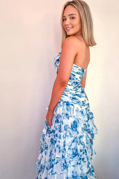 Chic Mermaid Sweetheart Pink Floral Printed Long Prom Dress With Ruffles AD340