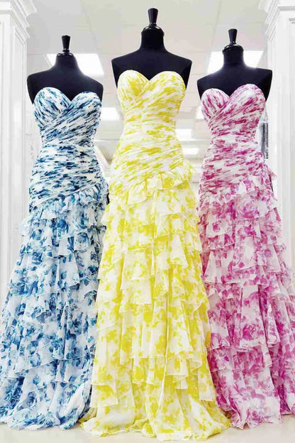 Chic Mermaid Sweetheart Pink Floral Printed Long Prom Dress With Ruffles AD340