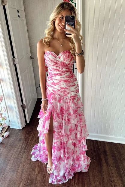 Chic Mermaid Sweetheart Pink Floral Printed Long Prom Dress With Ruffles AD340