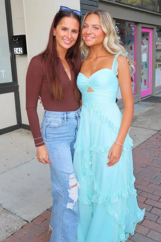 Trenidng A Line Sweetheart Blue Long Prom Dress With Ruffles AD342