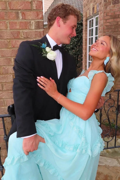 Trenidng A Line Sweetheart Blue Long Prom Dress With Ruffles AD342