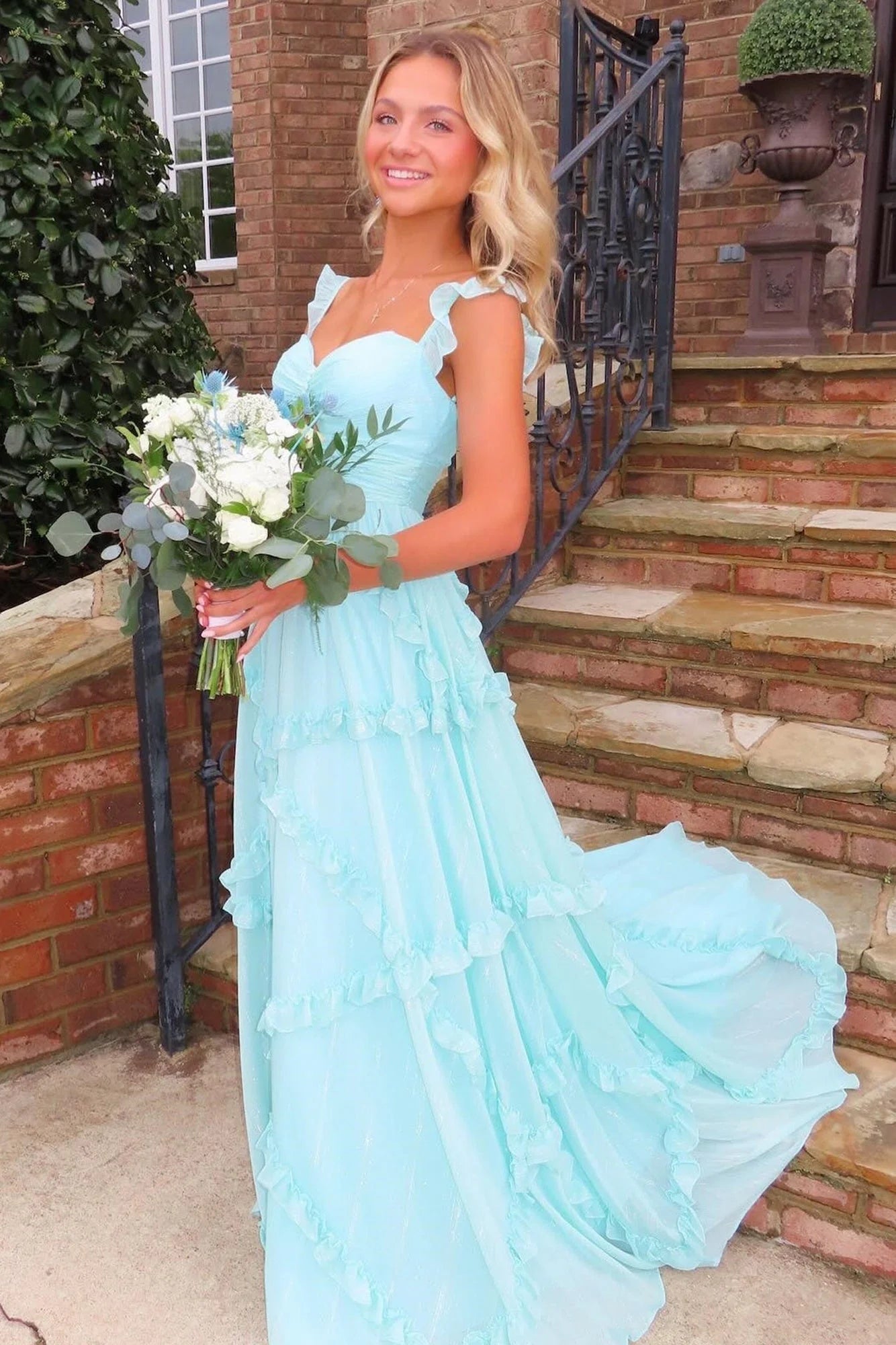 Trenidng A Line Sweetheart Blue Long Prom Dress With Ruffles AD342