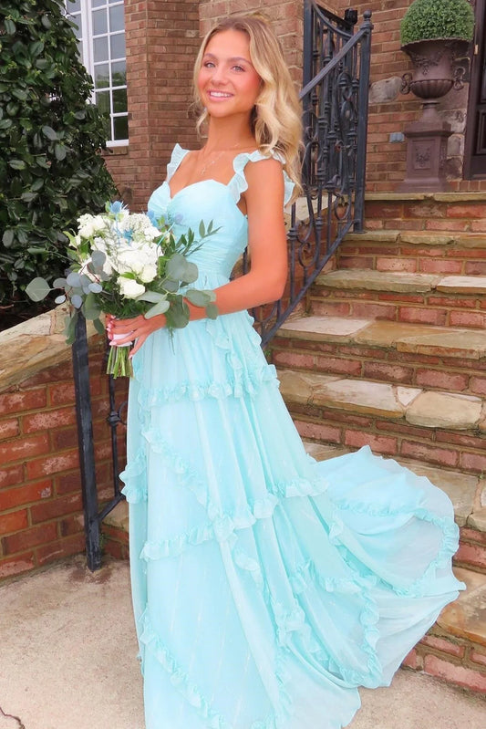 Trenidng A Line Sweetheart Blue Long Prom Dress With Ruffles AD342