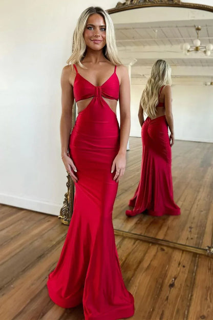Fashion Mermaid Spaghetti Straps Red Long Prom Dress With Open Back AD343