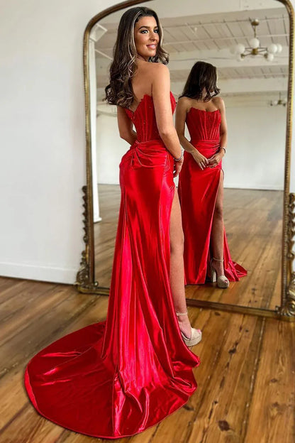 Stylish Mermaid Strapless Lace Top Red Long Satin Prom Dress With Split AD344