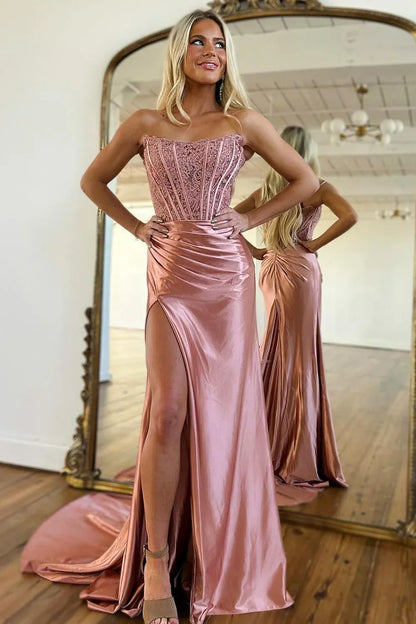 Stylish Mermaid Strapless Lace Top Red Long Satin Prom Dress With Split AD344