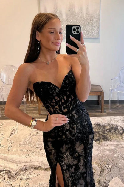 Black Mermaid Prom Gown With Lace-Up Corset Back Strapless Neckline And Sweep Train AD345