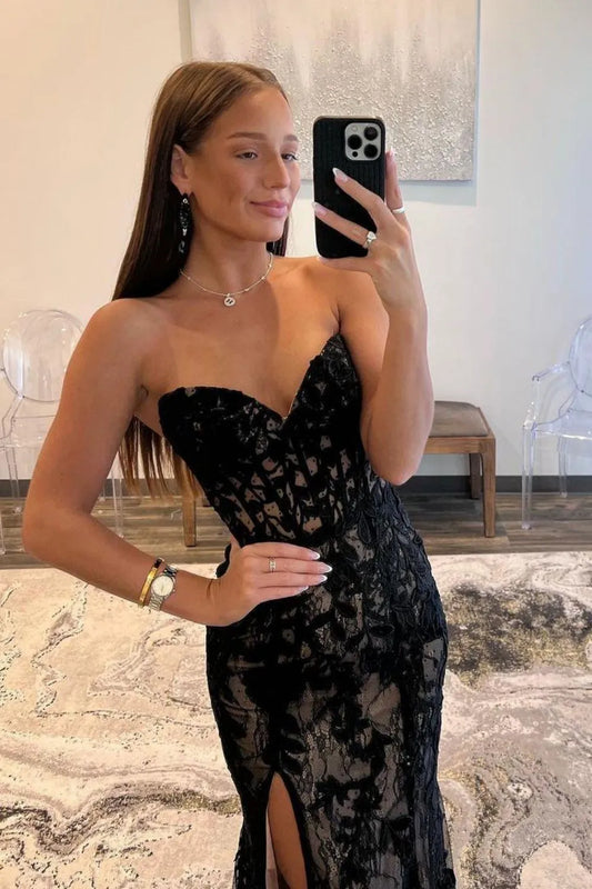 Black Mermaid Prom Gown With Lace-Up Corset Back Strapless Neckline And Sweep Train AD345