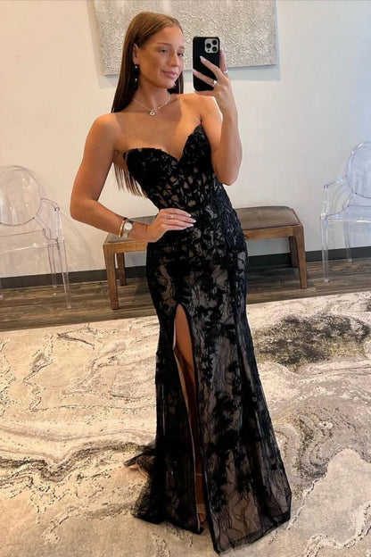 Black Mermaid Prom Gown With Lace-Up Corset Back Strapless Neckline And Sweep Train AD345