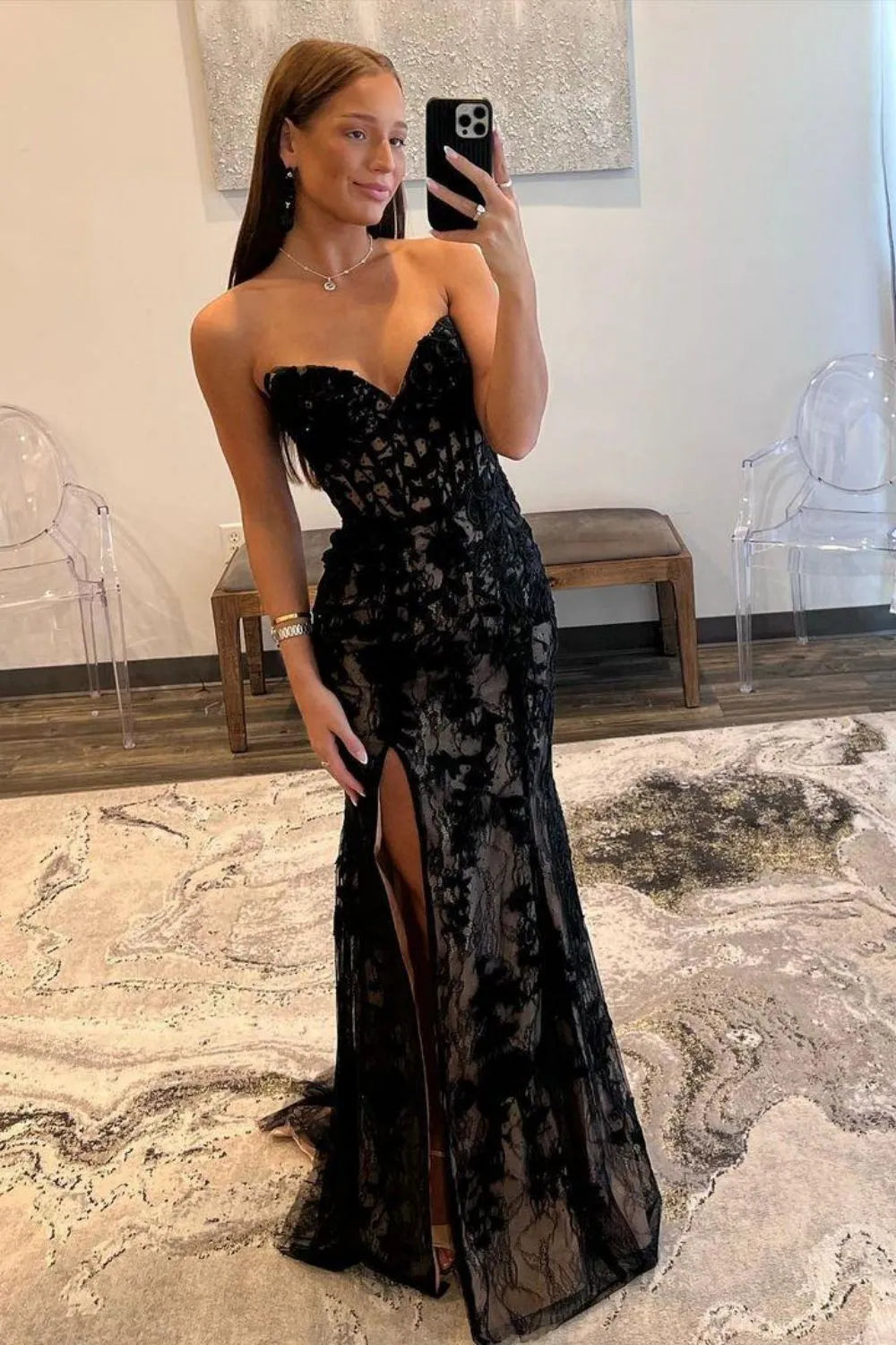 Black Mermaid Prom Gown With Lace-Up Corset Back Strapless Neckline And Sweep Train AD345