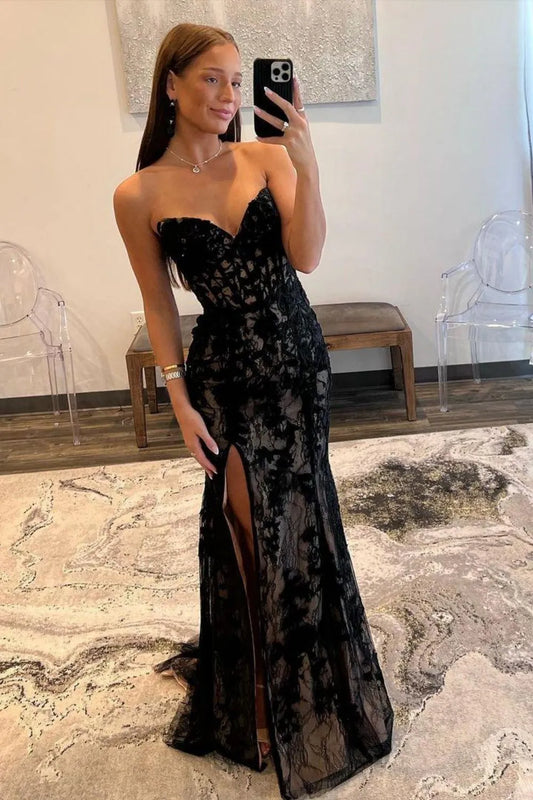Black Mermaid Prom Gown With Lace-Up Corset Back Strapless Neckline And Sweep Train AD345