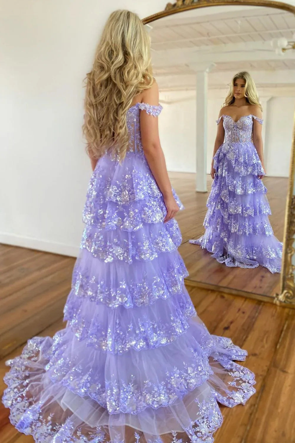 Gorgeous Off The Shoulder A Line Sequin Prom Dress With Glitter Finish Tiered Layers And Slit AD347