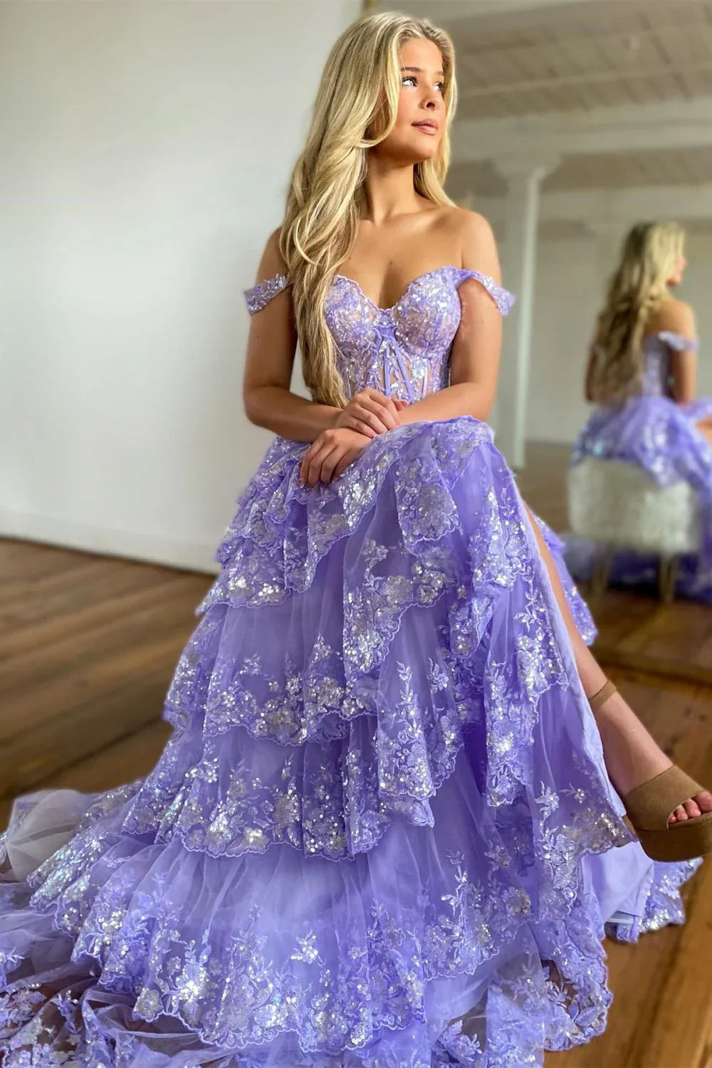 Gorgeous Off The Shoulder A Line Sequin Prom Dress With Glitter Finish Tiered Layers And Slit AD347