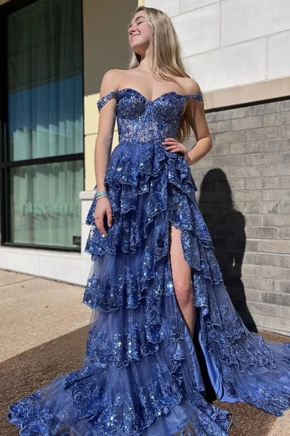 Gorgeous Off The Shoulder A Line Sequin Prom Dress With Glitter Finish Tiered Layers And Slit AD347