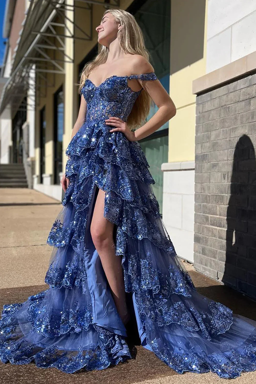 Gorgeous Off The Shoulder A Line Sequin Prom Dress With Glitter Finish Tiered Layers And Slit AD347