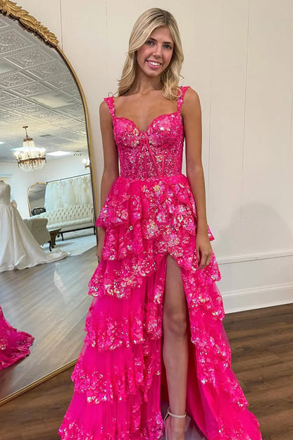 Gorgeous Off The Shoulder A Line Sequin Prom Dress With Glitter Finish Tiered Layers And Slit AD347