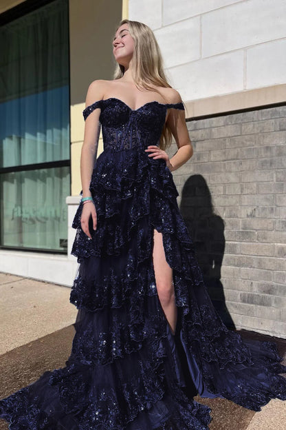 Gorgeous Off The Shoulder A Line Sequin Prom Dress With Glitter Finish Tiered Layers And Slit AD347