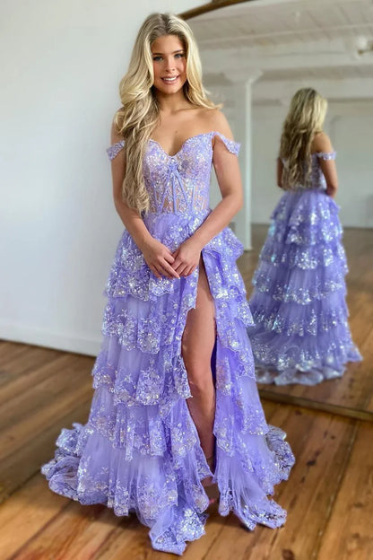 Gorgeous Off The Shoulder A Line Sequin Prom Dress With Glitter Finish Tiered Layers And Slit AD347