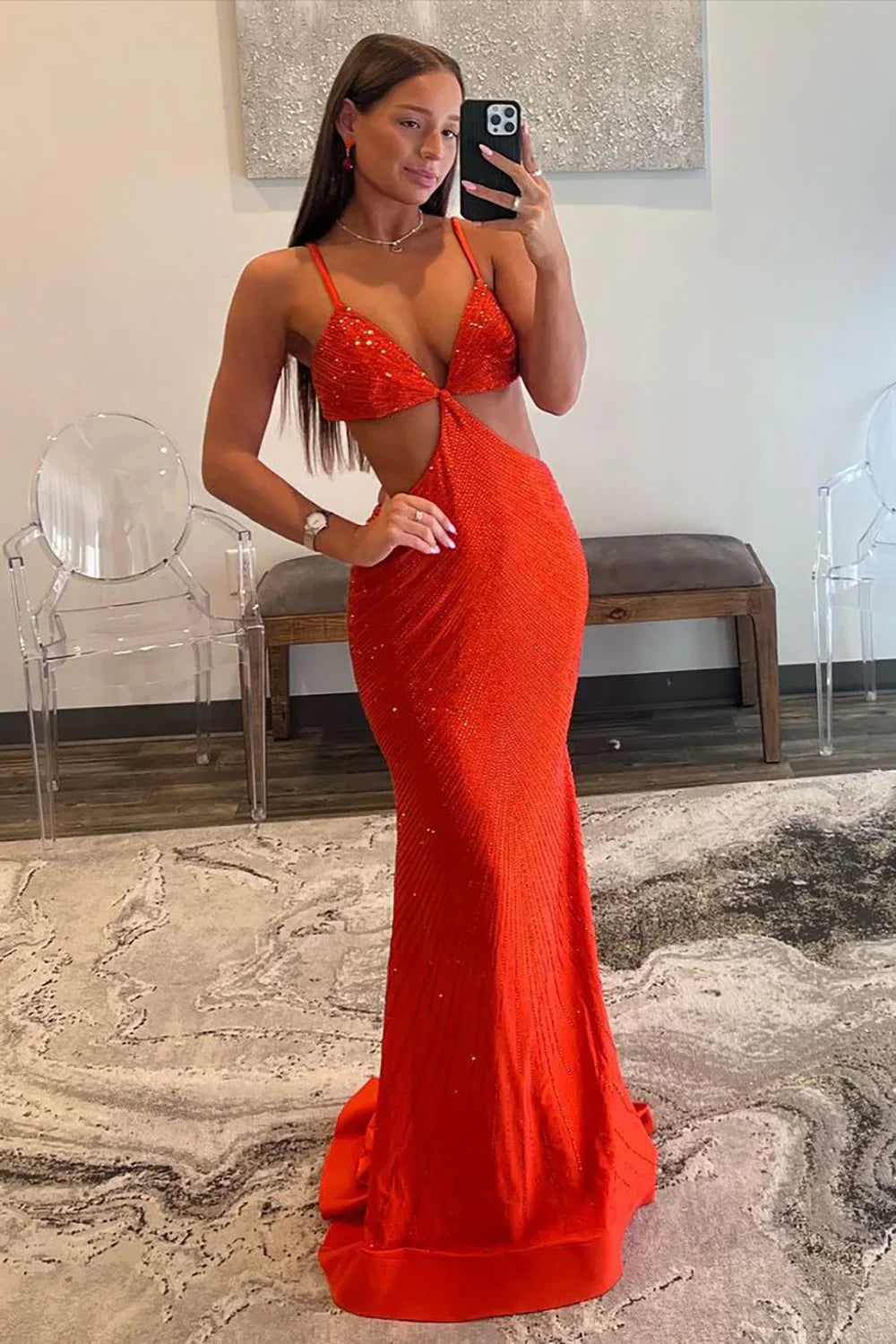 Stylish Mermaid Prom Dress With Glitter Finish Spaghetti Straps Keyhole Back And Beading AD348