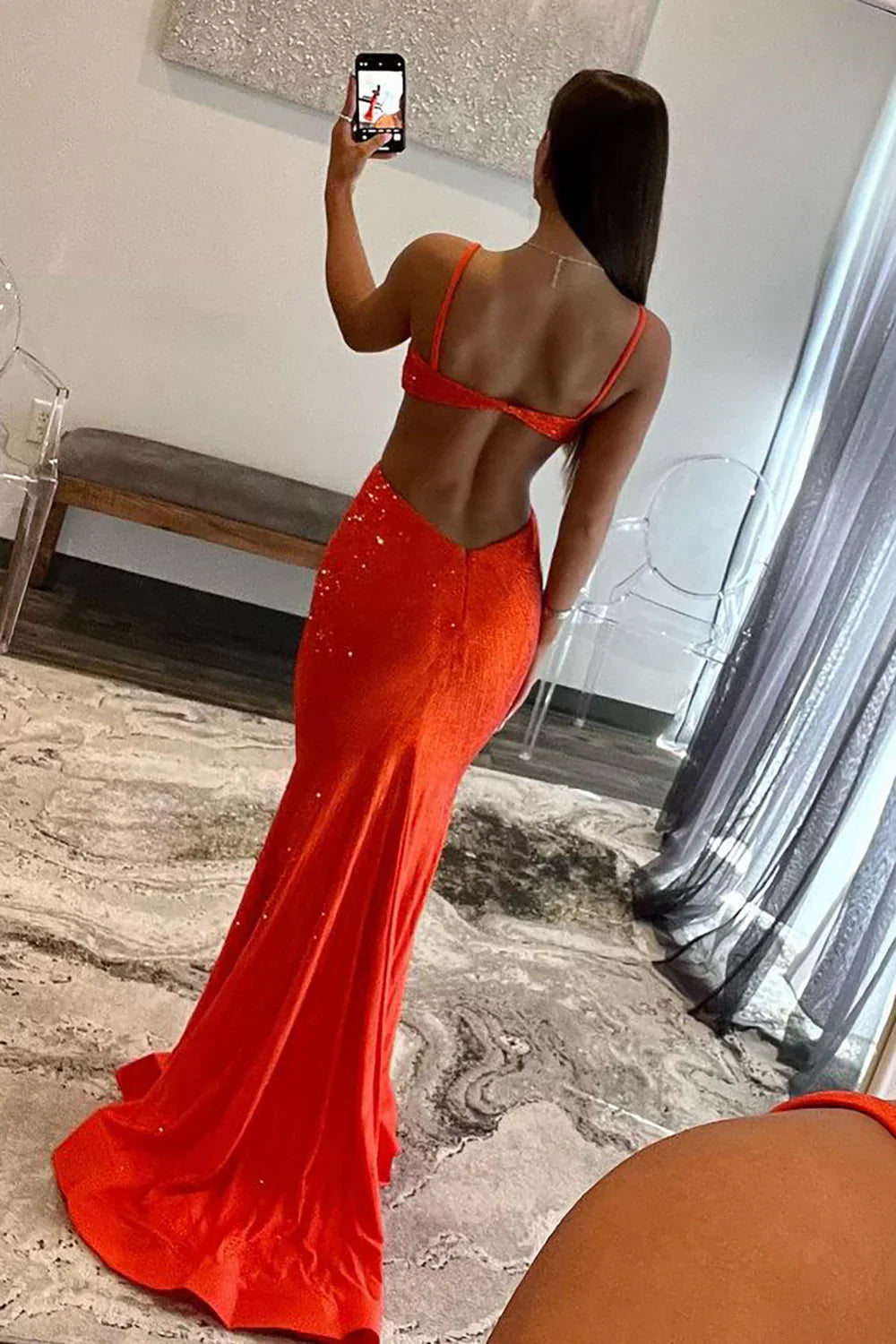 Stylish Mermaid Prom Dress With Glitter Finish Spaghetti Straps Keyhole Back And Beading AD348