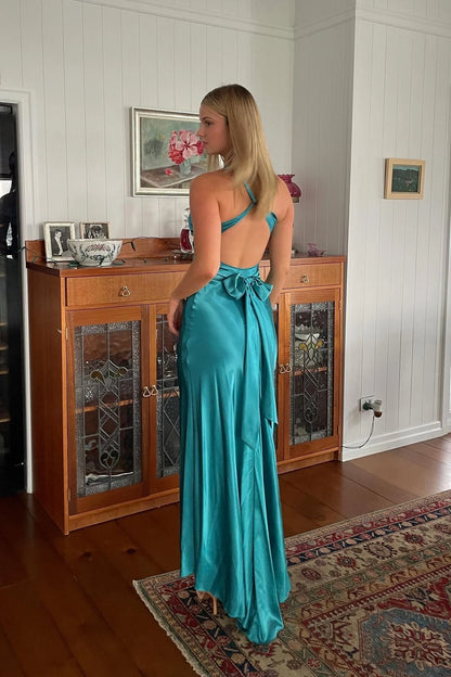 Stylish Sheath V Neck Green Long Party Dress With Open Back Bowknot AD349