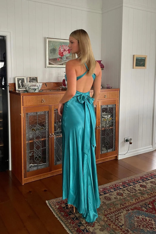 Stylish Sheath V Neck Green Long Party Dress With Open Back Bowknot AD349