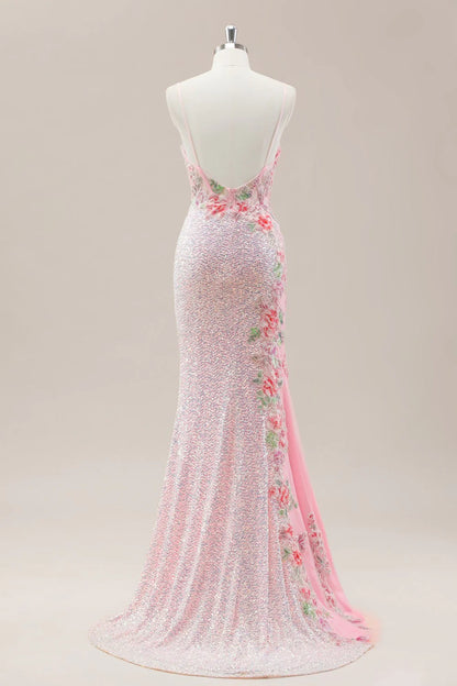 Pink Prom Dress in Mermaid Style Featuring Floral Appliqués And Shimmering Sequins AD352