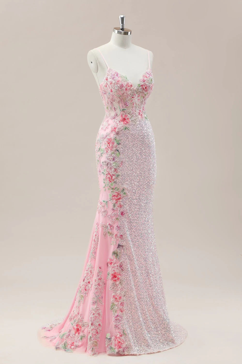 Pink Prom Dress in Mermaid Style Featuring Floral Appliqués And Shimmering Sequins AD352
