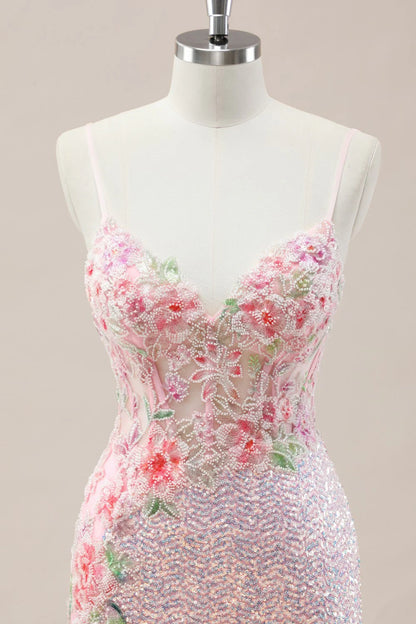 Pink Prom Dress in Mermaid Style Featuring Floral Appliqués And Shimmering Sequins AD352
