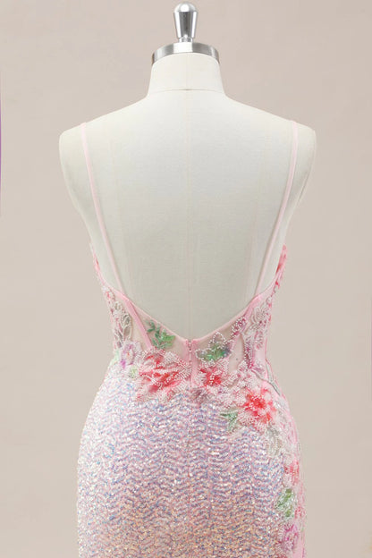 Pink Prom Dress in Mermaid Style Featuring Floral Appliqués And Shimmering Sequins AD352