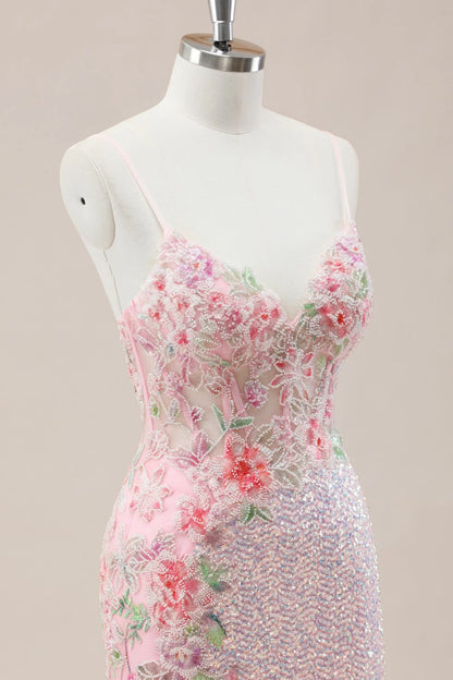 Pink Prom Dress in Mermaid Style Featuring Floral Appliqués And Shimmering Sequins AD352