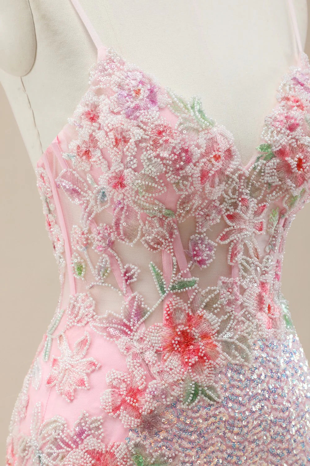 Pink Prom Dress in Mermaid Style Featuring Floral Appliqués And Shimmering Sequins AD352