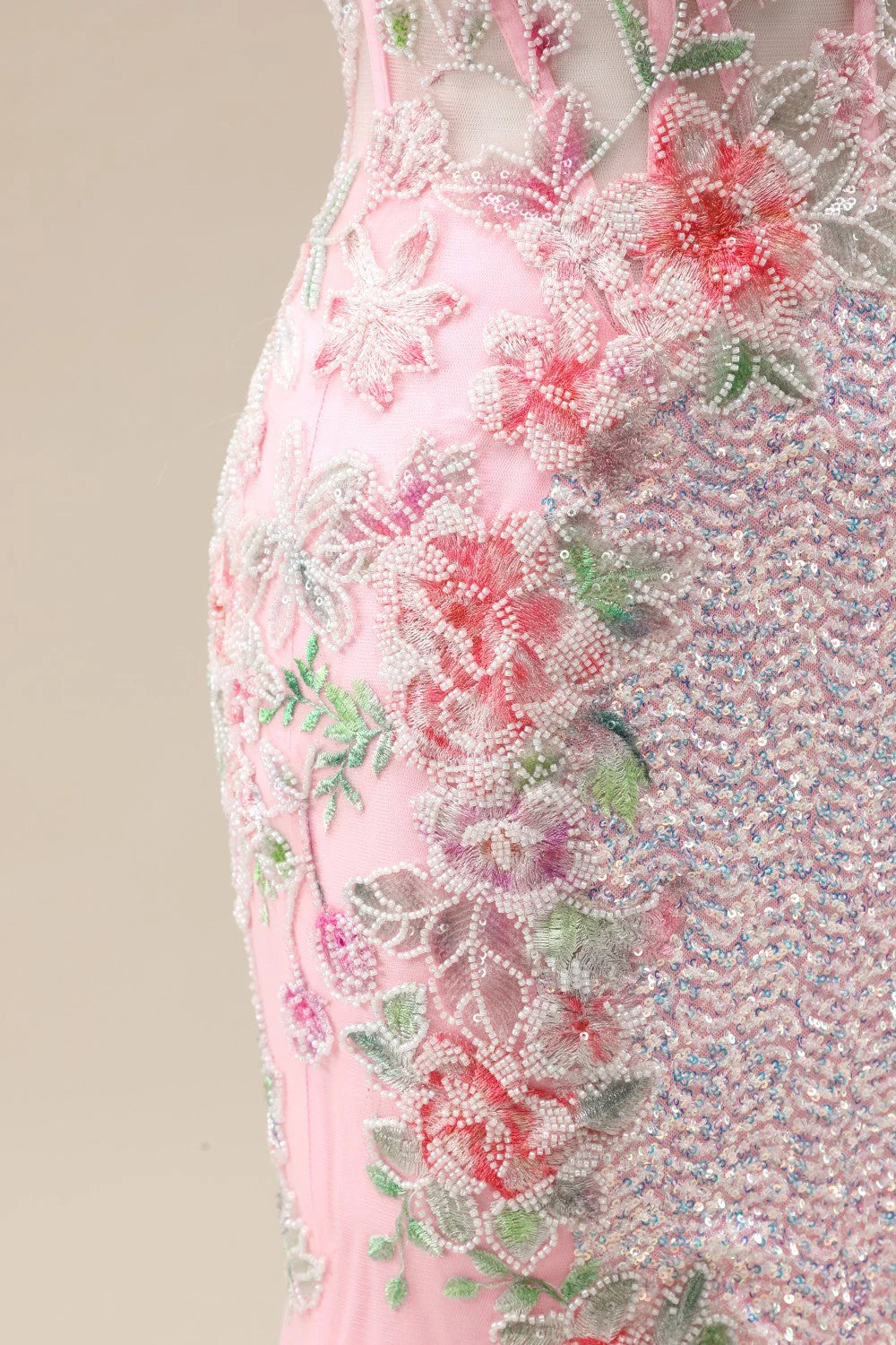 Pink Prom Dress in Mermaid Style Featuring Floral Appliqués And Shimmering Sequins AD352