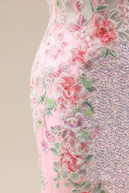 Pink Prom Dress in Mermaid Style Featuring Floral Appliqués And Shimmering Sequins AD352