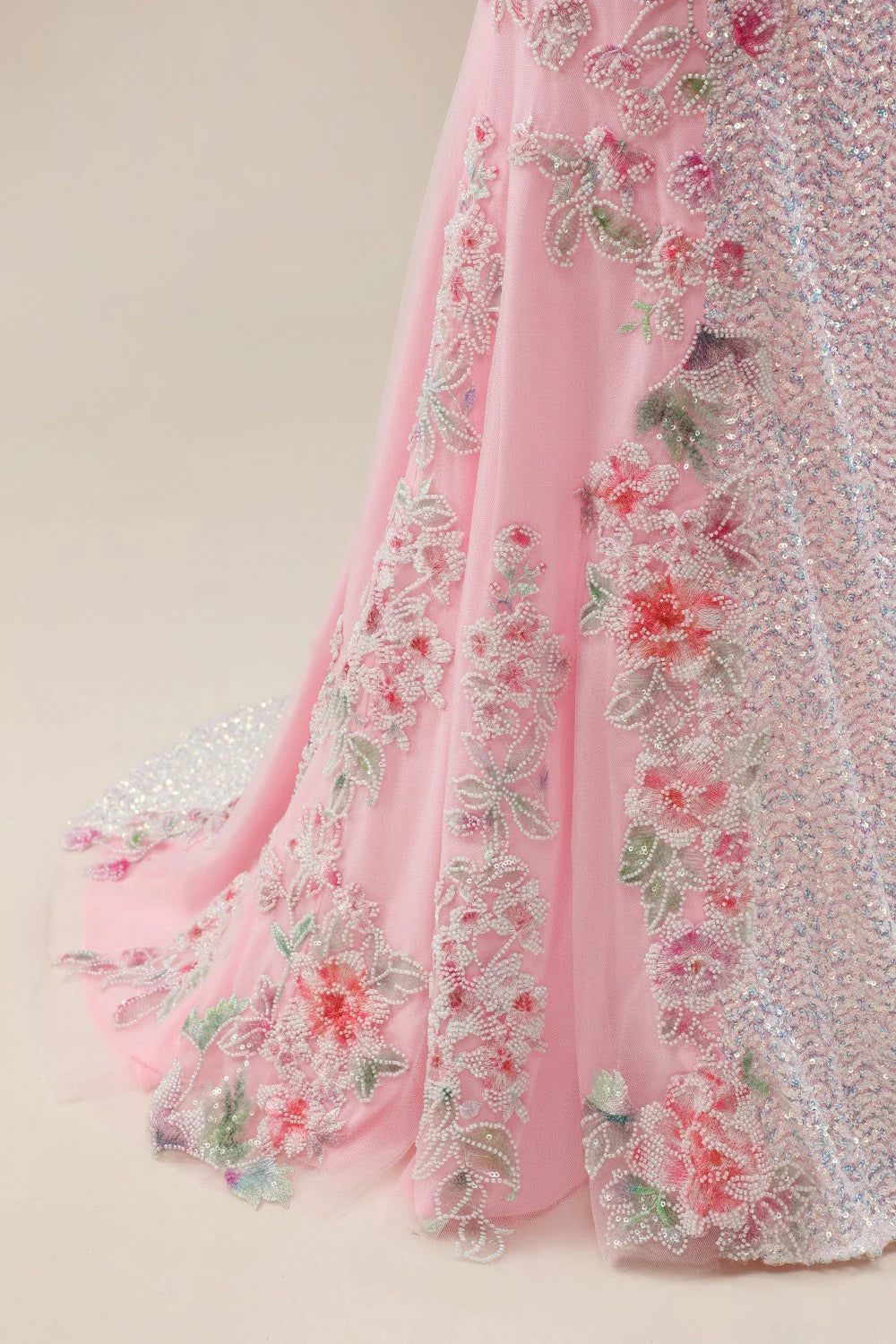 Pink Prom Dress in Mermaid Style Featuring Floral Appliqués And Shimmering Sequins AD352