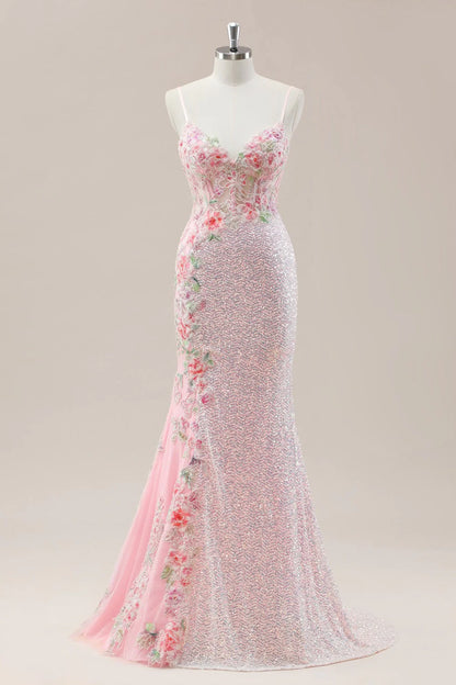 Pink Prom Dress in Mermaid Style Featuring Floral Appliqués And Shimmering Sequins AD352