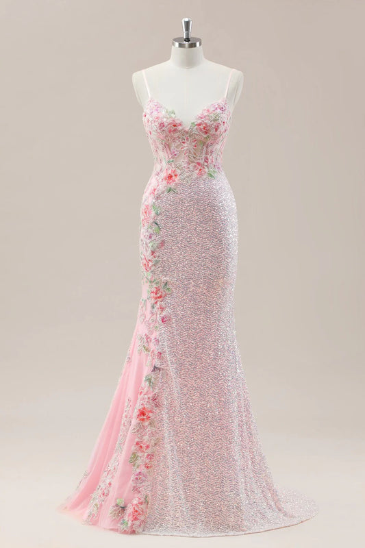 Pink Prom Dress in Mermaid Style Featuring Floral Appliqués And Shimmering Sequins AD352