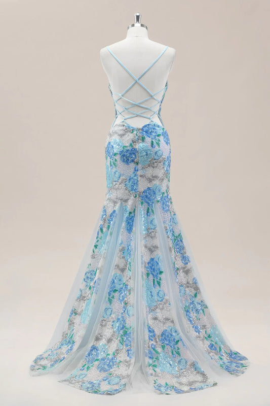 Sparkling Blue Flower Sequin Mermaid Prom Gown With Spaghetti Straps And Slit AD353