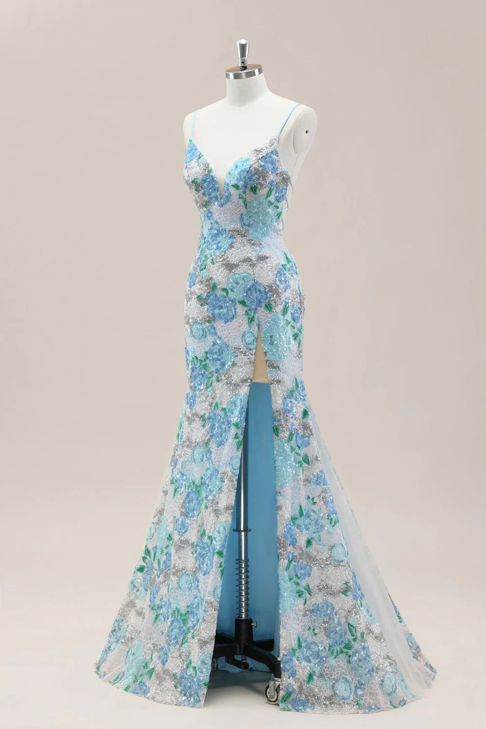 Sparkling Blue Flower Sequin Mermaid Prom Gown With Spaghetti Straps And Slit AD353
