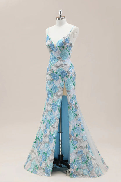 Sparkling Blue Flower Sequin Mermaid Prom Gown With Spaghetti Straps And Slit AD353