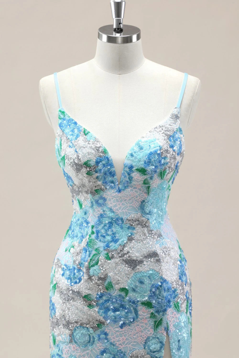 Sparkling Blue Flower Sequin Mermaid Prom Gown With Spaghetti Straps And Slit AD353